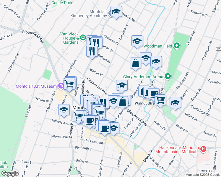 map of restaurants, bars, coffee shops, grocery stores, and more near 81 Midland Avenue in Montclair