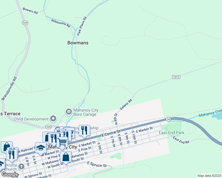 map of restaurants, bars, coffee shops, grocery stores, and more near 38 Glendon Road in Mahanoy City
