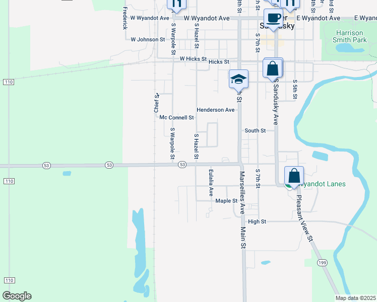 map of restaurants, bars, coffee shops, grocery stores, and more near 466 South Hazel Street in Upper Sandusky