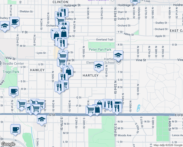 map of restaurants, bars, coffee shops, grocery stores, and more near 3090 T Street in Lincoln