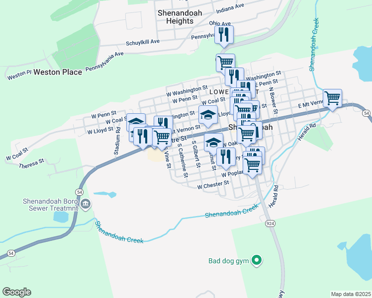 map of restaurants, bars, coffee shops, grocery stores, and more near 425 West Oak Street in Shenandoah