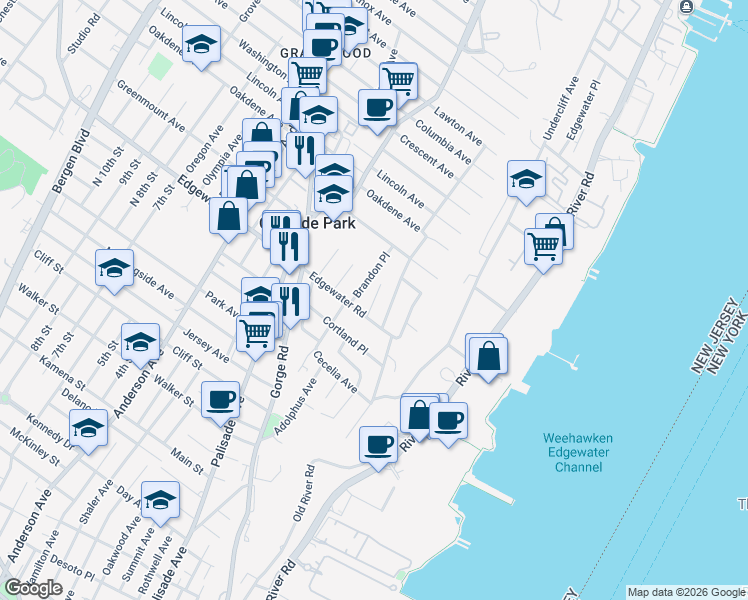 map of restaurants, bars, coffee shops, grocery stores, and more near 537 Longview Pl in Cliffside Park