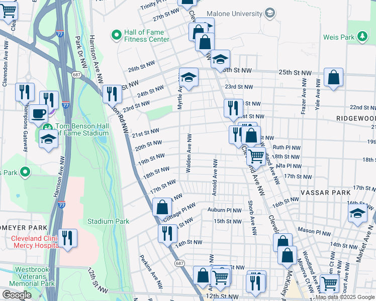 map of restaurants, bars, coffee shops, grocery stores, and more near 1341 19th Street Northwest in Canton