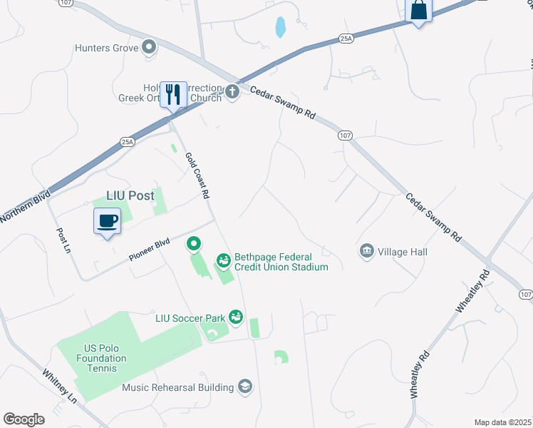 map of restaurants, bars, coffee shops, grocery stores, and more near 25 Old Wheatley Road in Glen Head
