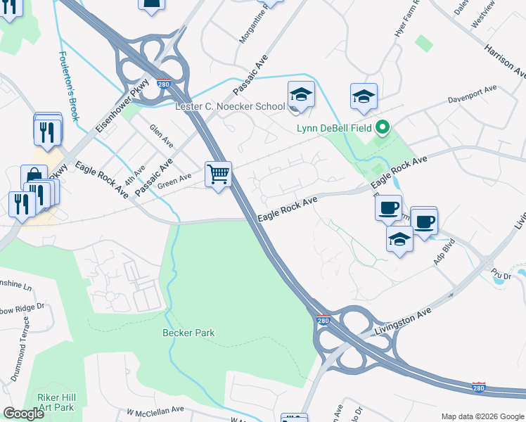 map of restaurants, bars, coffee shops, grocery stores, and more near 23 Mulford Court in Roseland