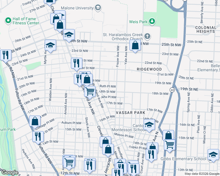 map of restaurants, bars, coffee shops, grocery stores, and more near 616 19th Street Northwest in Canton