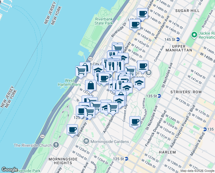 map of restaurants, bars, coffee shops, grocery stores, and more near 3300 Broadway in New York