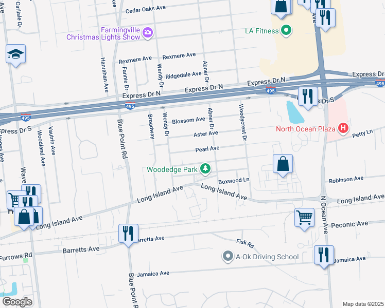 map of restaurants, bars, coffee shops, grocery stores, and more near 25 Pearl Avenue in Holtsville