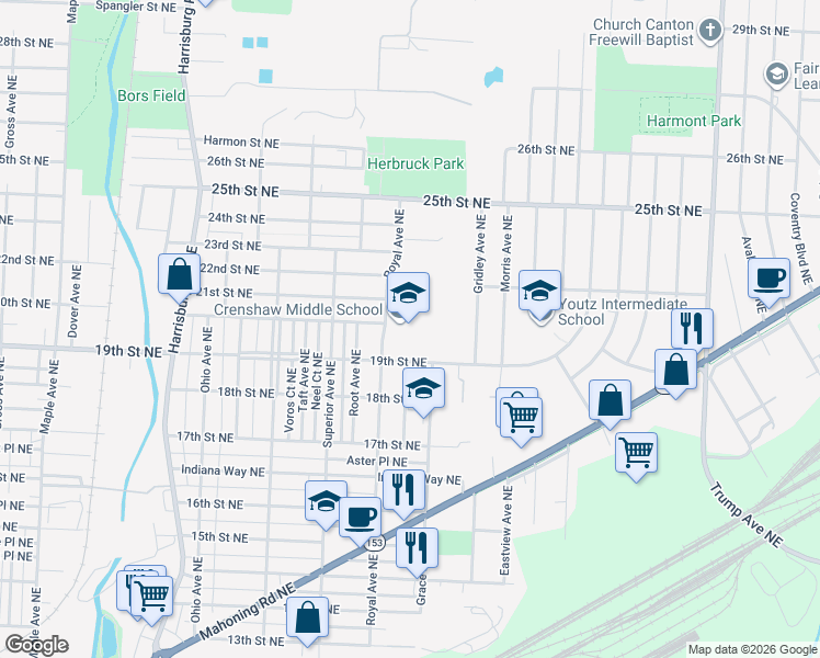 map of restaurants, bars, coffee shops, grocery stores, and more near 2525 19th Street Northeast in Canton