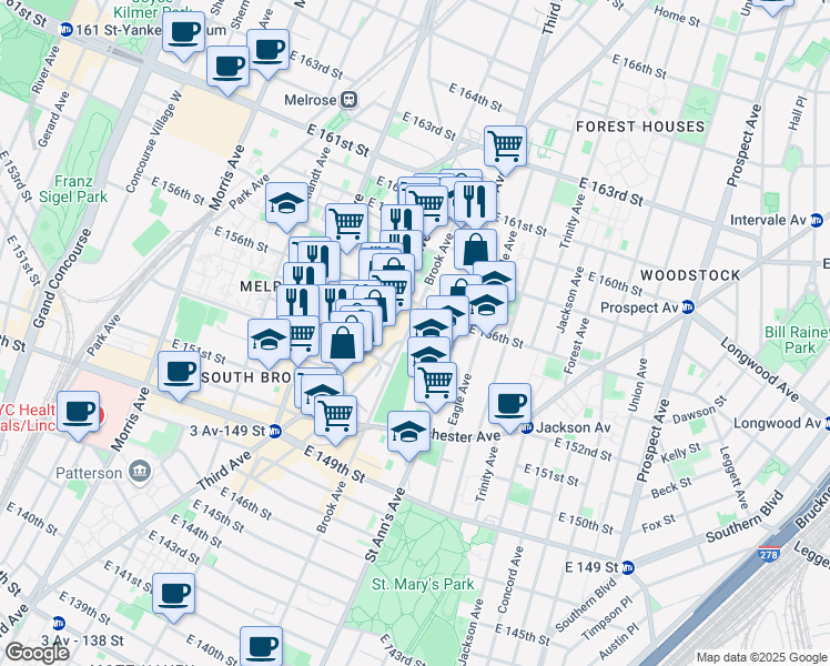 map of restaurants, bars, coffee shops, grocery stores, and more near 700 Brook Avenue in The Bronx
