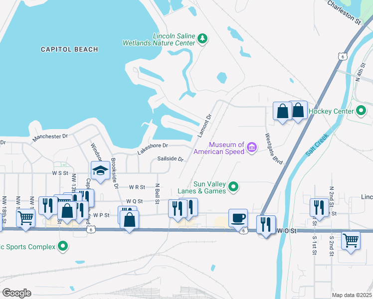 map of restaurants, bars, coffee shops, grocery stores, and more near 503 Lakeshore Drive in Lincoln