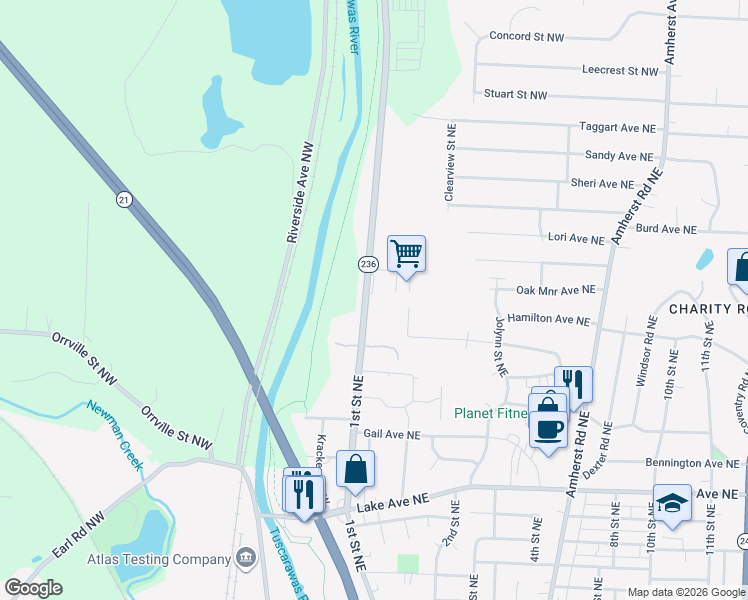 map of restaurants, bars, coffee shops, grocery stores, and more near 1838 1st Street Northeast in Massillon