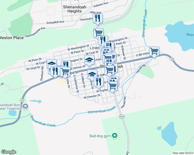 map of restaurants, bars, coffee shops, grocery stores, and more near 202 West Oak Street in Shenandoah