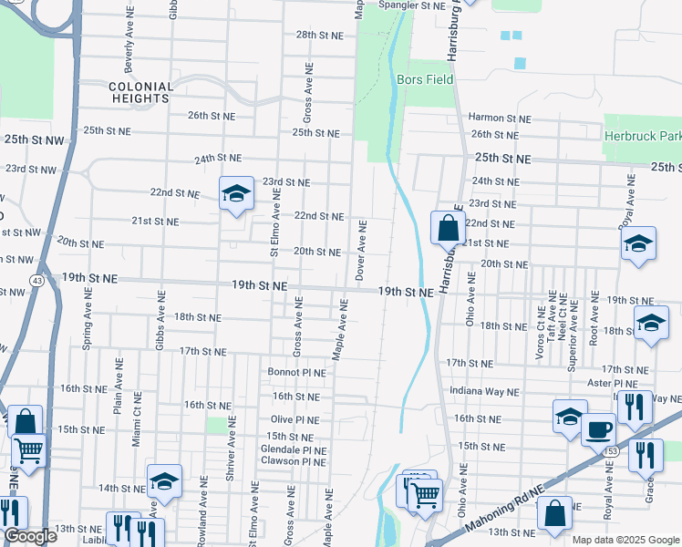 map of restaurants, bars, coffee shops, grocery stores, and more near 1634 20th Street Northeast in Canton