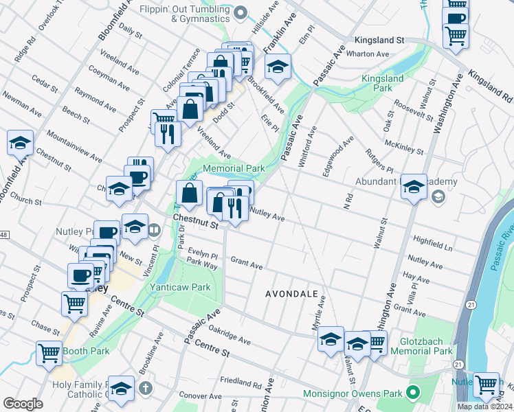 map of restaurants, bars, coffee shops, grocery stores, and more near 318 Nutley Avenue in Nutley