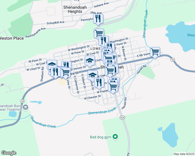map of restaurants, bars, coffee shops, grocery stores, and more near 202 West Oak Street in Shenandoah