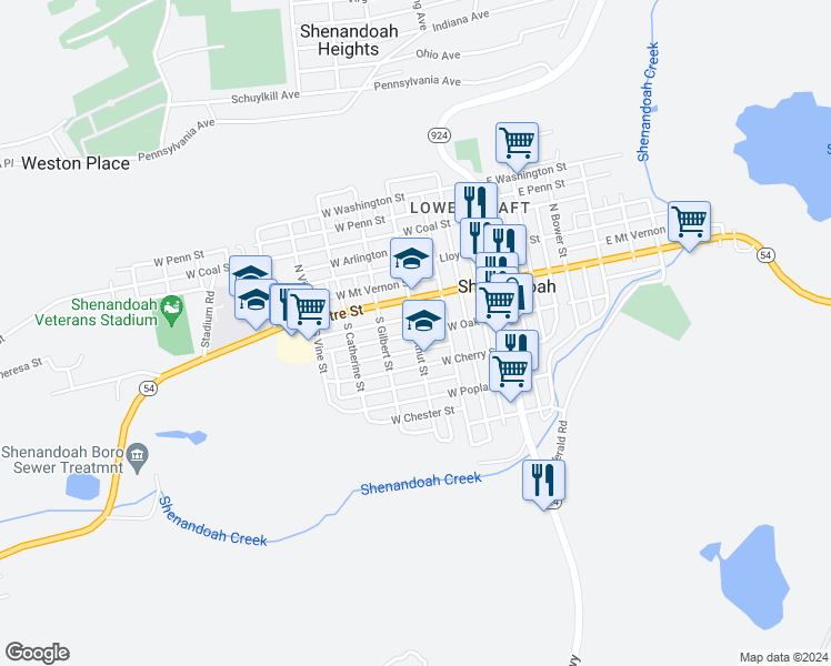 map of restaurants, bars, coffee shops, grocery stores, and more near West Oak Street in Shenandoah