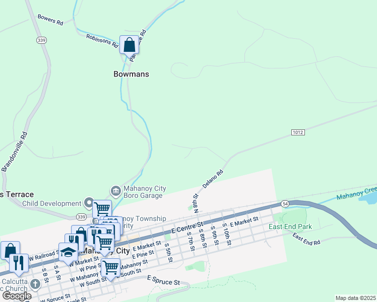 map of restaurants, bars, coffee shops, grocery stores, and more near 38 Glendon Road in Mahanoy City