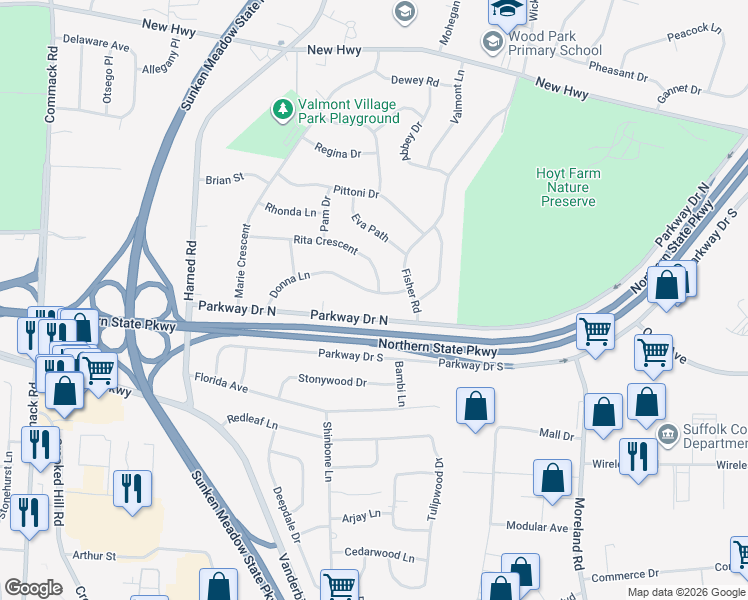 map of restaurants, bars, coffee shops, grocery stores, and more near 2 Rita Crescent in Commack