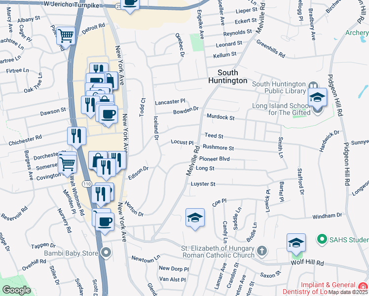 map of restaurants, bars, coffee shops, grocery stores, and more near 9 Locust Place in Huntington Station