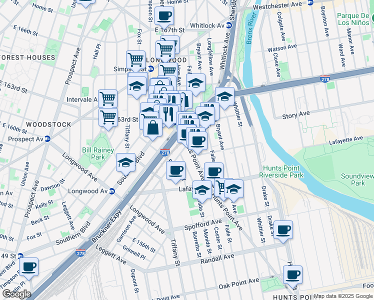 map of restaurants, bars, coffee shops, grocery stores, and more near 893 Hunts Point Avenue in The Bronx