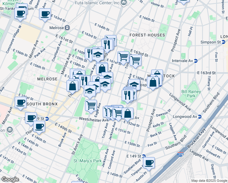 map of restaurants, bars, coffee shops, grocery stores, and more near 766 Cauldwell Avenue in Bronx
