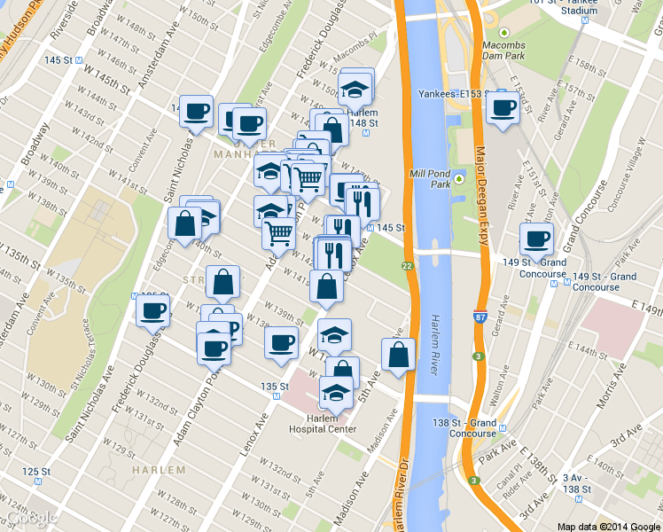 map of restaurants, bars, coffee shops, grocery stores, and more near 105 West 143rd Street in New York
