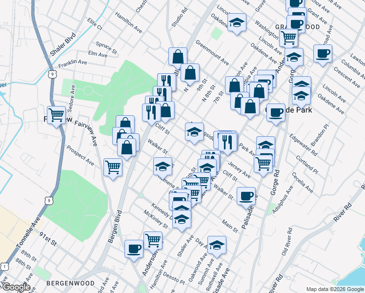 map of restaurants, bars, coffee shops, grocery stores, and more near 420B Jersey Avenue in Fairview