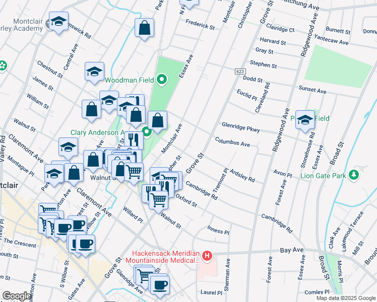 map of restaurants, bars, coffee shops, grocery stores, and more near 77 Christopher Street in Montclair