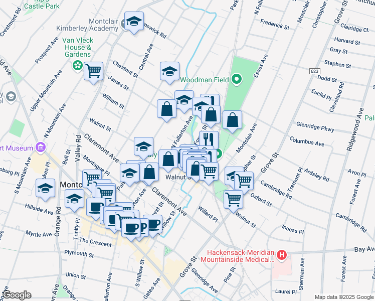 map of restaurants, bars, coffee shops, grocery stores, and more near 127 North Fullerton Avenue in Montclair