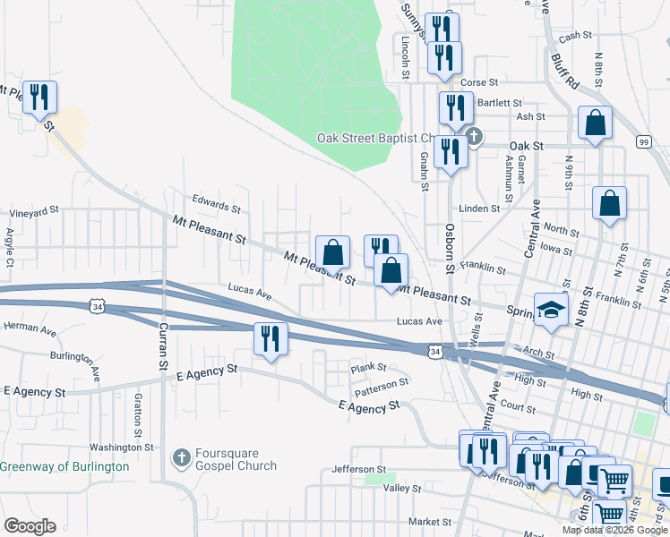 map of restaurants, bars, coffee shops, grocery stores, and more near 1100-1228 Doemland St in Burlington