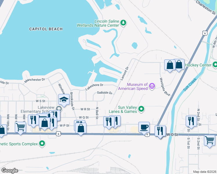 map of restaurants, bars, coffee shops, grocery stores, and more near 530 Lakeshore Drive in Lincoln