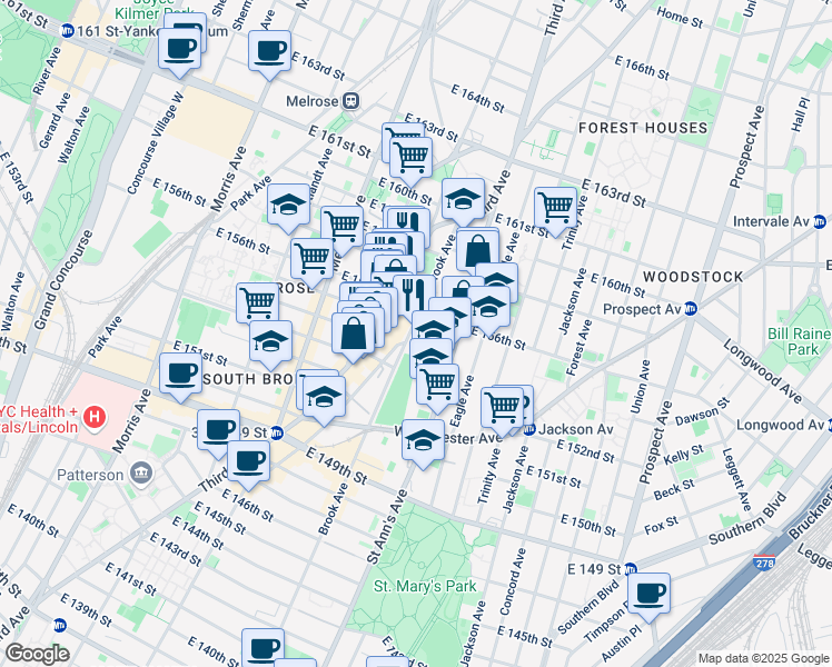 map of restaurants, bars, coffee shops, grocery stores, and more near 700 Brook Avenue in The Bronx