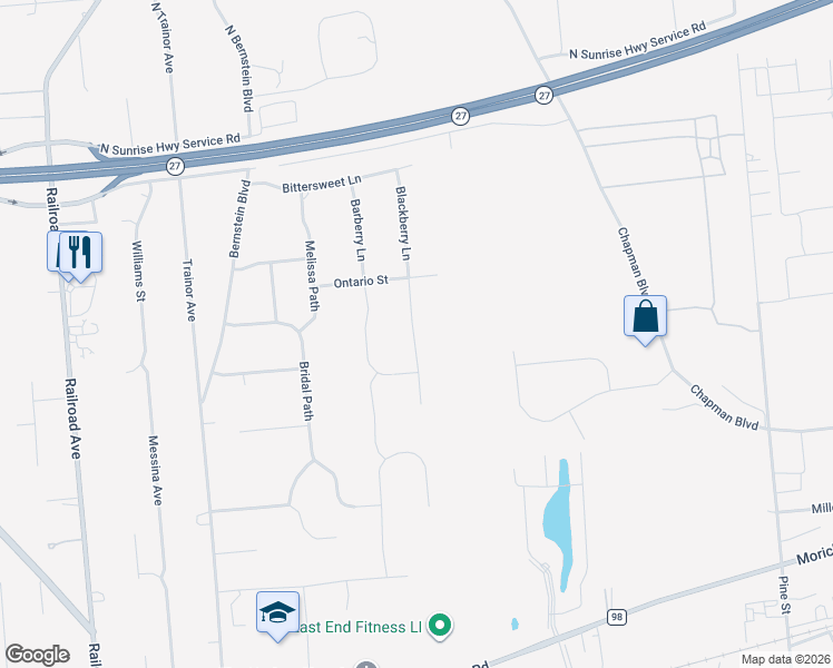 map of restaurants, bars, coffee shops, grocery stores, and more near 23 Blackberry Lane in Center Moriches