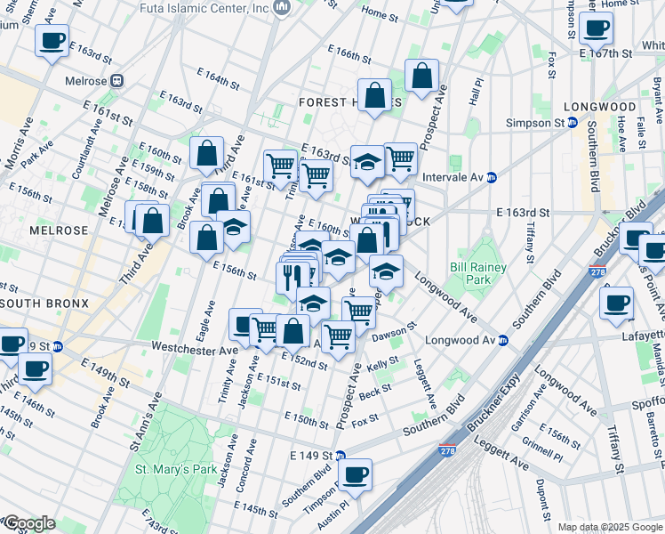 map of restaurants, bars, coffee shops, grocery stores, and more near in The Bronx