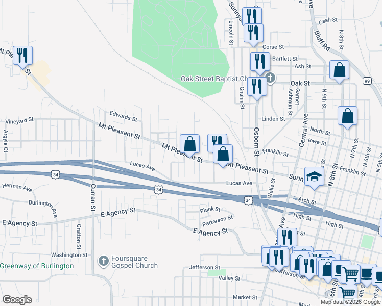 map of restaurants, bars, coffee shops, grocery stores, and more near 1100-1228 Doemland St in Burlington