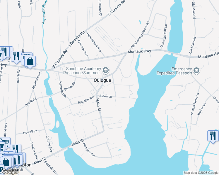 map of restaurants, bars, coffee shops, grocery stores, and more near in Quiogue