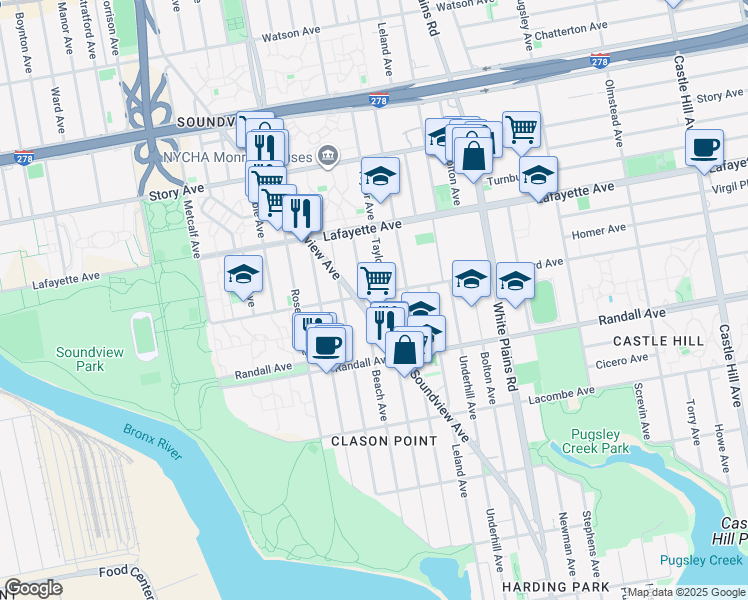 map of restaurants, bars, coffee shops, grocery stores, and more near 1809 Seward Avenue in Bronx