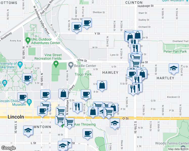 map of restaurants, bars, coffee shops, grocery stores, and more near 601 Village Avenue in Lincoln