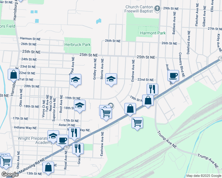 map of restaurants, bars, coffee shops, grocery stores, and more near 1901 Midway Avenue Northeast in Canton