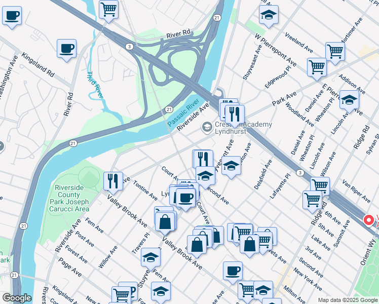 map of restaurants, bars, coffee shops, grocery stores, and more near 113 Park Avenue in Lyndhurst