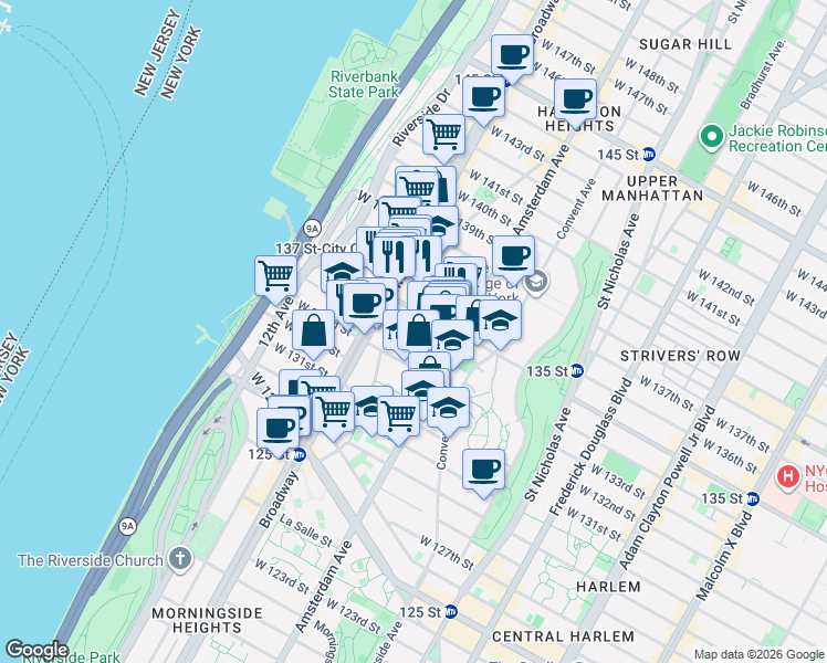 map of restaurants, bars, coffee shops, grocery stores, and more near 519 West 134th Street in New York