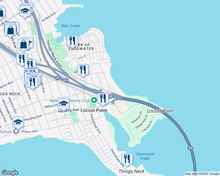 map of restaurants, bars, coffee shops, grocery stores, and more near 1 Patricia Lane in Bronx