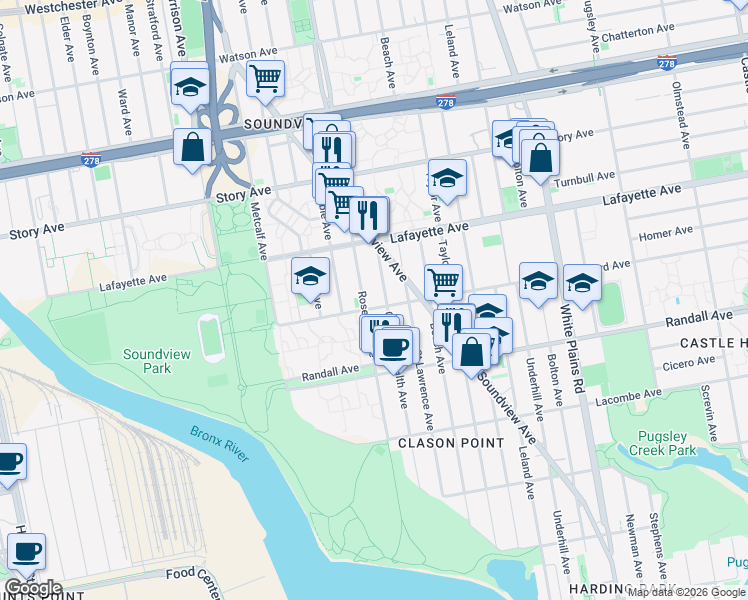map of restaurants, bars, coffee shops, grocery stores, and more near 720 Rosedale Avenue in Bronx