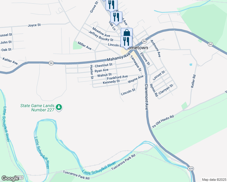 map of restaurants, bars, coffee shops, grocery stores, and more near 45 Wayne Avenue in Tamaqua