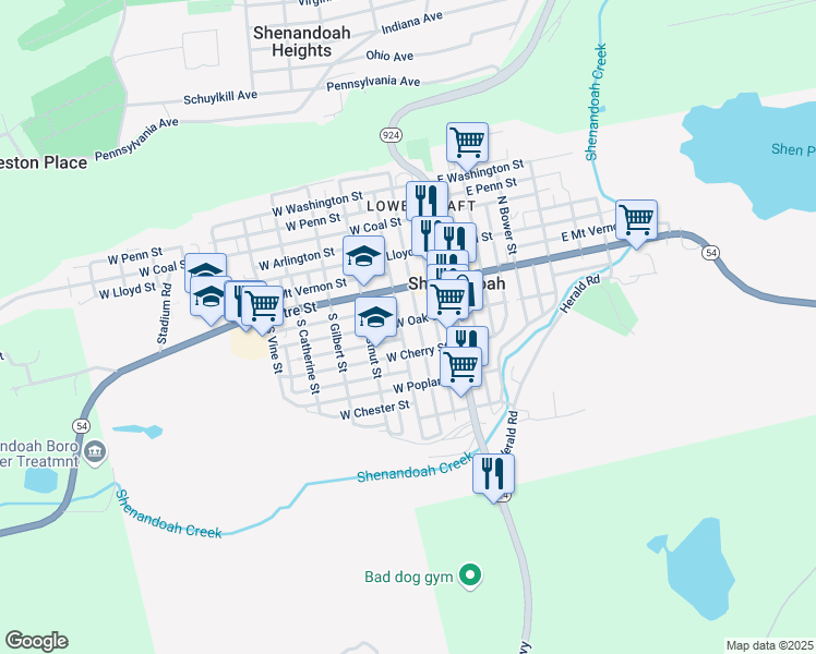 map of restaurants, bars, coffee shops, grocery stores, and more near 114 West Oak Street in Shenandoah
