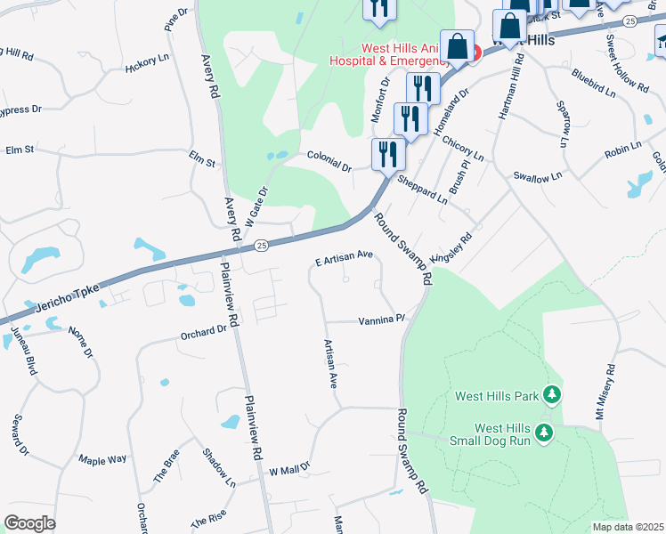 map of restaurants, bars, coffee shops, grocery stores, and more near 5 East Artisan Avenue in Huntington