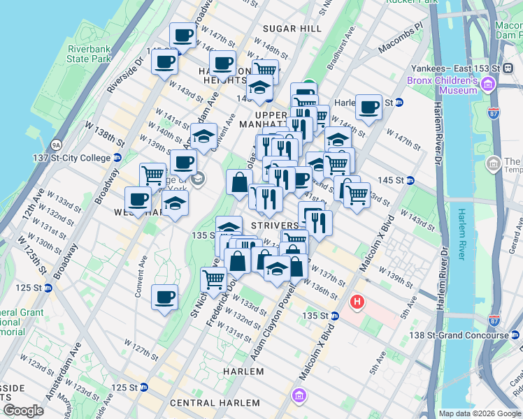 map of restaurants, bars, coffee shops, grocery stores, and more near 317 West 139th Street in New York