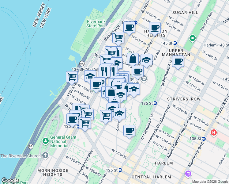 map of restaurants, bars, coffee shops, grocery stores, and more near 1518 Amsterdam Avenue in New York