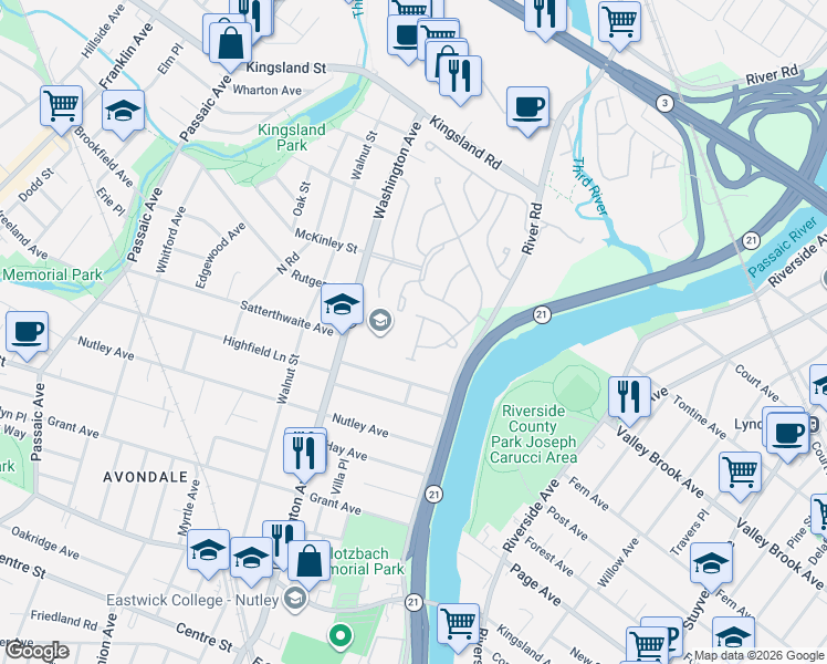 map of restaurants, bars, coffee shops, grocery stores, and more near 208 Swathmore Drive in Nutley